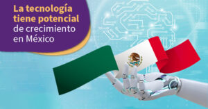 mano robotica sosteniendo la bandera de mexico, fondo azul claro mostrando un patron de circuitos que simula un cerebro